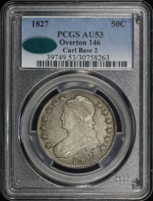 Obverse of this 1827 Capped Bust Half Dollar Curl Base 2 O-146 PCGS AU-53 CAC