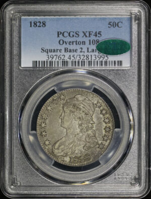 Obverse of this 1828 Capped Bust Half Dollar Square Base 2, Large 8s O-108 PCGS XF-45 CAC