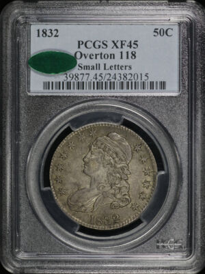 Obverse of this 1832 Capped Bust Half Dollar Small Letters O-118 PCGS XF-45 CAC