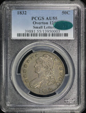 Obverse of this 1832 Capped Bust Half Dollar Small Letters O-121 PCGS AU-55 CAC