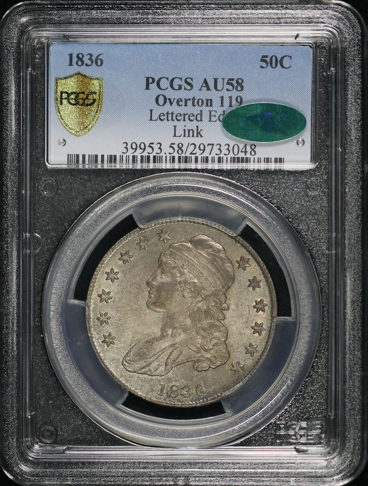 Obverse of this 1836 Capped Bust Half Dollar Lettered Edge Link O-119 PCGS AU-58 CAC