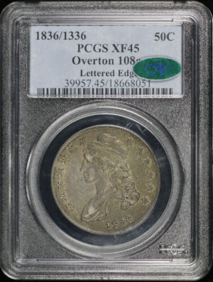 Obverse of this 1836/1336 Capped Bust Half Dollar Lettered Edge Overton 108a PCGS XF-45 CAC