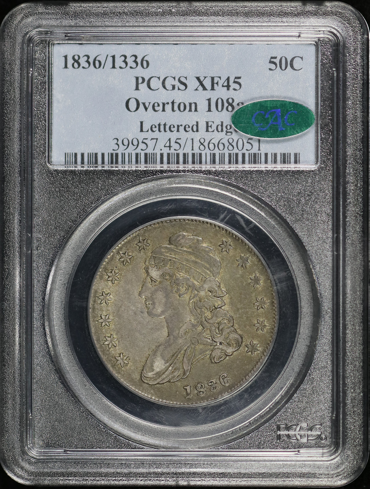 Obverse of this 1836/1336 Capped Bust Half Dollar Lettered Edge Overton 108a PCGS XF-45 CAC