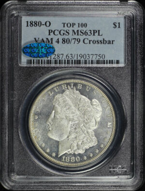 Obverse of this 1880-O Top-100 Morgan Dollar VAM-4 80/79 Crossbar PCGS MS-63 PL CAC