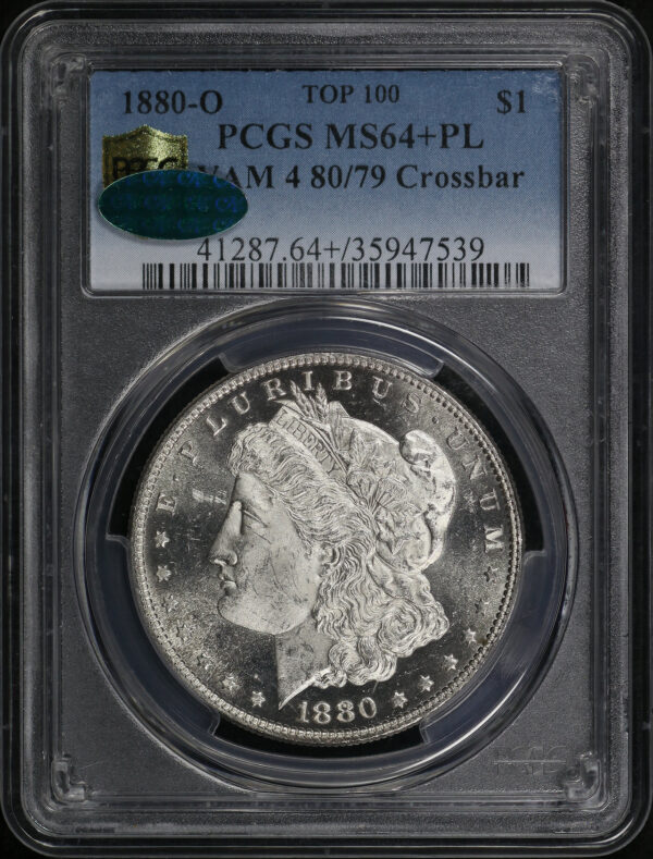 Obverse of this 1880/79-O Top-100 Morgan Dollar VAM-4 80/79 Crossbar PCGS MS-64+ PL CAC