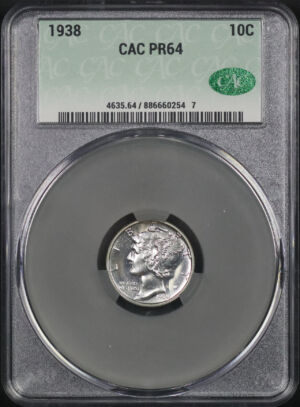 Obverse of this 1938 Mercury Dime CACG MS-64