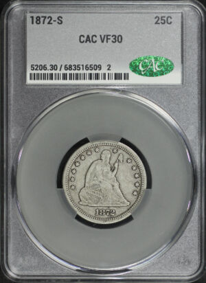 Obverse of this 1872-S Liberty Seated Quarter CACG VF-30