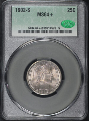 Obverse of this 1902-S Barber Quarter CACG MS-64+