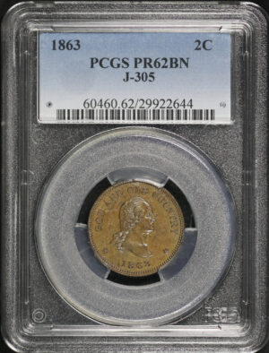 Obverse of this 1863 Patterns J-305 Two Cent Washington PCGS PR-62 BN