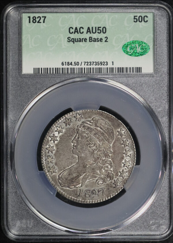 Obverse of this 1827 Capped Bust Half Dollar Square Base 2 CACG AU-50