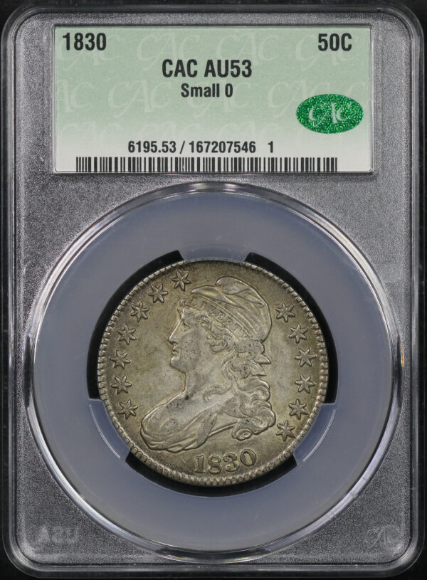 Obverse of this 1830 Capped Bust Half Dollar Small 0 CACG AU-53