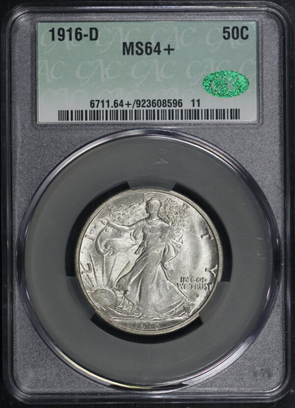 Obverse of this 1916-D Walking Liberty Half Dollar CACG MS-64+