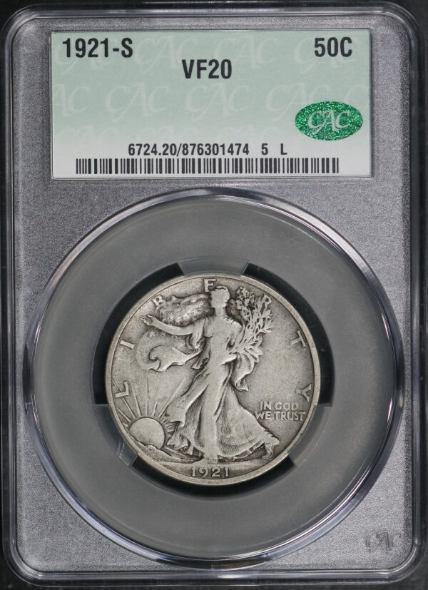Obverse of this 1921-S Walking Liberty Half Dollar CACG VF-20 CAC