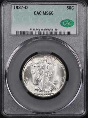 Obverse of this 1937-D Walking Liberty Half Dollar CACG MS-66