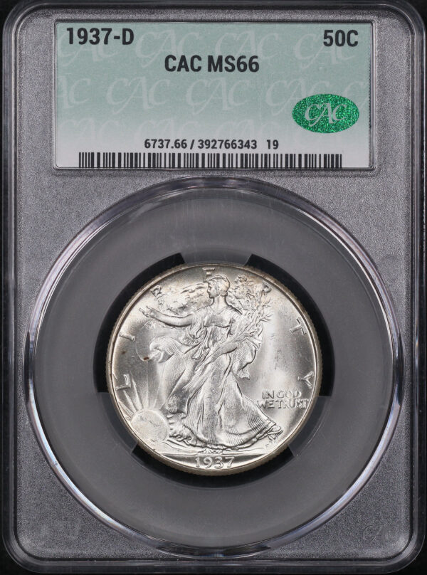 Obverse of this 1937-D Walking Liberty Half Dollar CACG MS-66