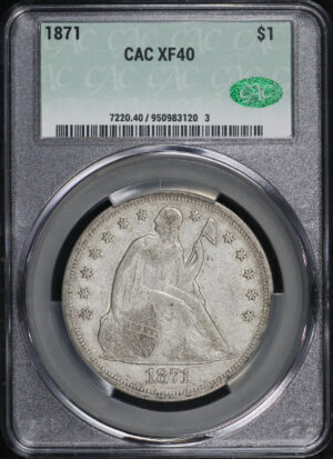 Obverse of this 1871 Liberty Seated Dollar CACG XF-40