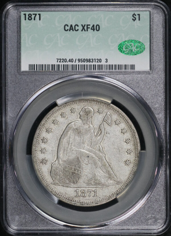 Obverse of this 1871 Liberty Seated Dollar CACG XF-40