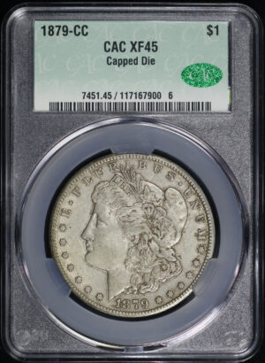 Obverse of this 1879-CC Morgan Dollar Capped Die CACG XF-45