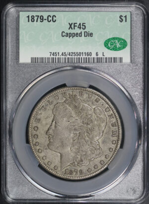 Obverse of this 1879-CC Morgan Dollar Capped Die CACG XF-45 CAC