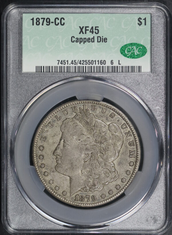 Obverse of this 1879-CC Morgan Dollar Capped Die CACG XF-45 CAC