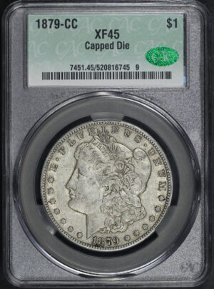 Obverse of this 1879-CC Capped Die Morgan Dollar CACG XF-45