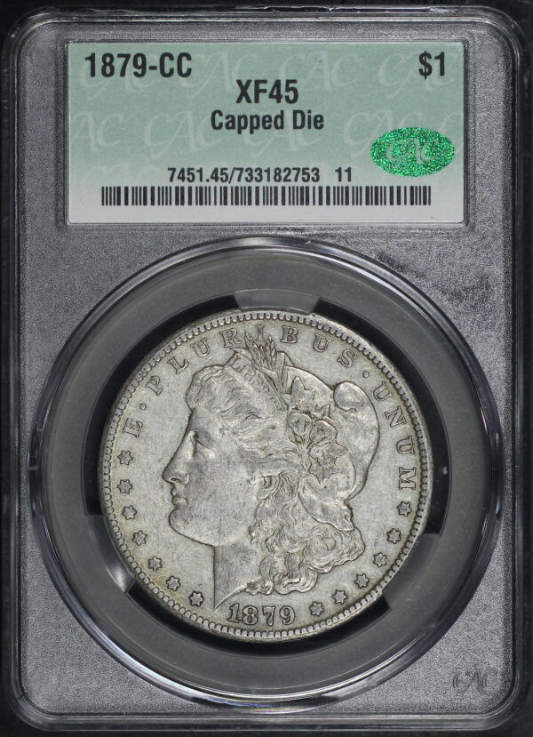 Obverse of this 1879-CC Capped Die Morgan Dollar CACG XF-45