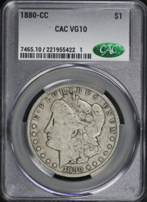 Obverse of this 1880-CC Morgan Dollar CACG VG-10