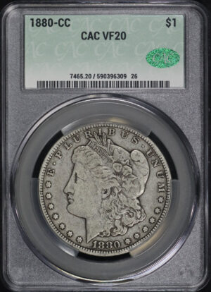 Obverse of this 1880-CC Morgan Dollar CACG VF-20