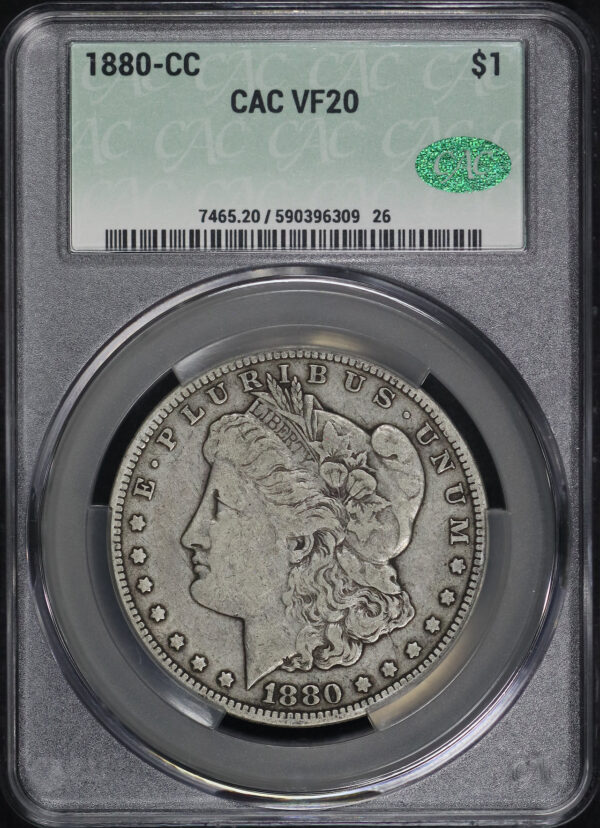 Obverse of this 1880-CC Morgan Dollar CACG VF-20