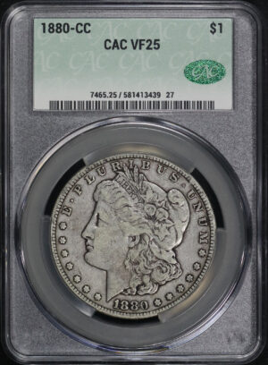 Obverse of this 1880-CC Morgan Dollar CACG VF-25
