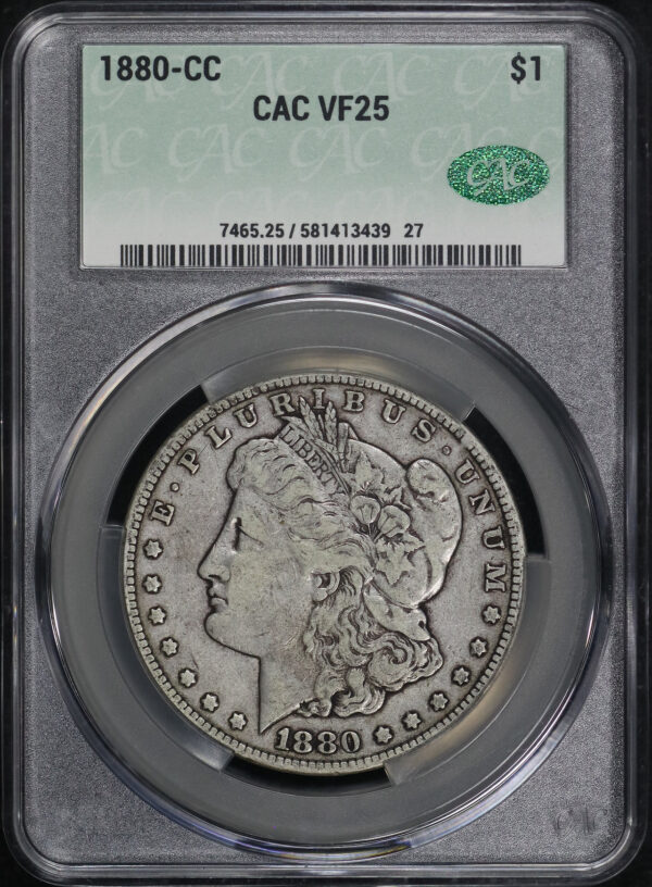 Obverse of this 1880-CC Morgan Dollar CACG VF-25