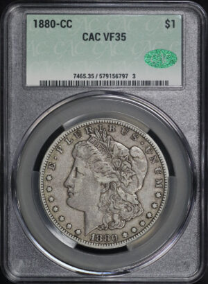Obverse of this 1880-CC Morgan Dollar CACG VF-35