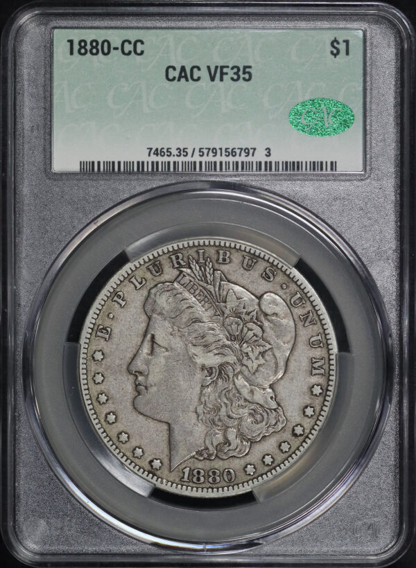 Obverse of this 1880-CC Morgan Dollar CACG VF-35
