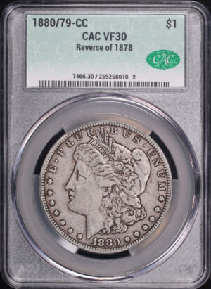 Obverse of this 1880/79-CC Reverse of 1878 Morgan Dollar CACG VF-30