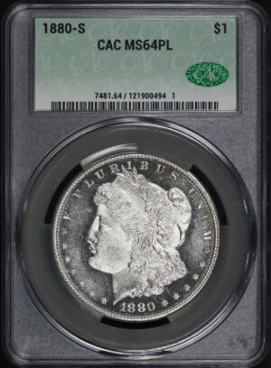 Obverse of this 1880-S Morgan Dollar CACG MS-64 PL