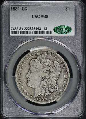Obverse of this 1881-CC Morgan Dollar CACG VG-8