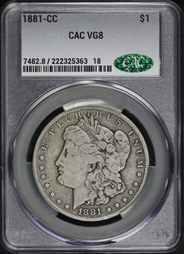 Obverse of this 1881-CC Morgan Dollar CACG VG-8