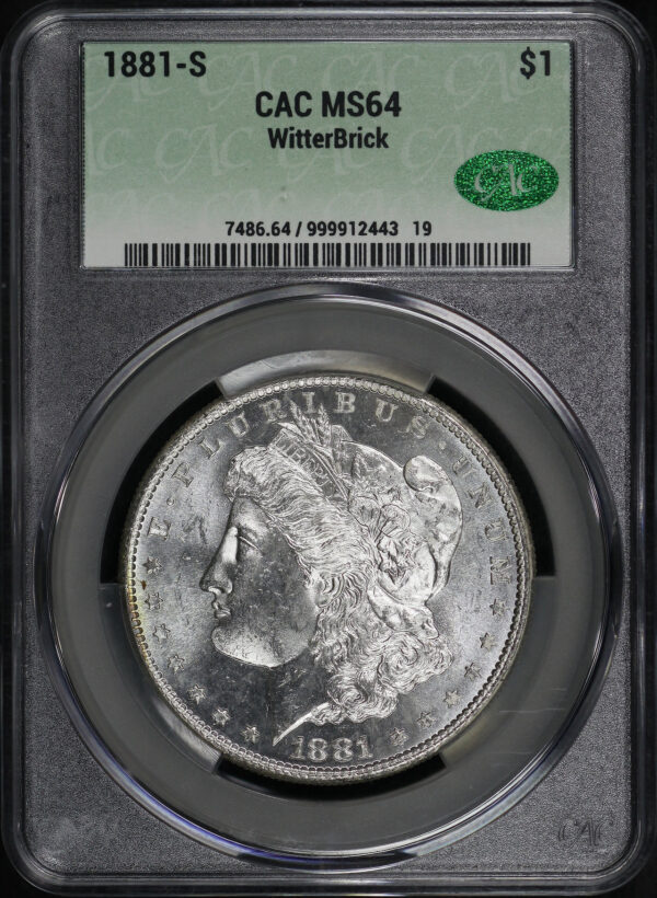 Obverse of this 1881-S Morgan Dollar CACG MS-64 Seth Chandler Signature Label