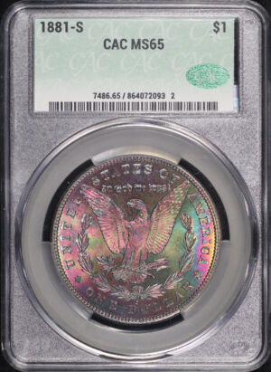 Obverse of this 1881-S Morgan Dollar CACG MS-65 Vibrant Reverse Cartwheel Toning