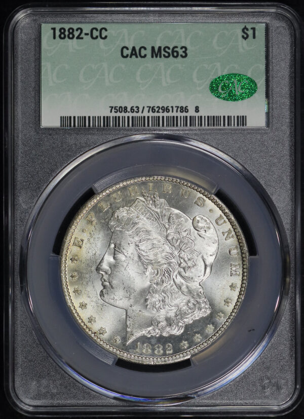Obverse of this 1882-CC Morgan Dollar CACG MS-63
