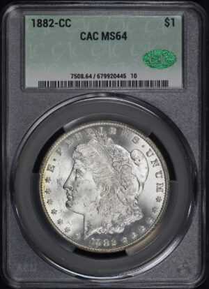 Obverse of this 1882-CC Morgan Dollar CACG MS-64
