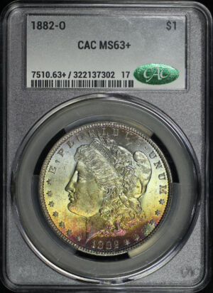 Obverse of this 1882-O Morgan Dollar CACG MS-63+ Rainbow Toning 