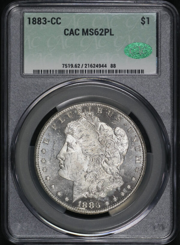 Obverse of this 1883-CC Morgan Dollar CACG MS-62 PL