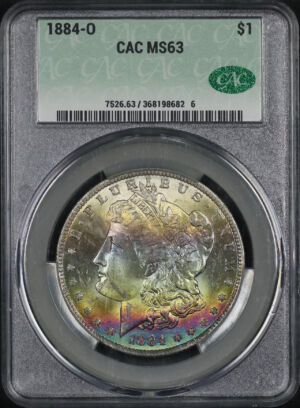 Obverse of this 1884-O Morgan Dollar CACG MS-63 Rainbow Toning