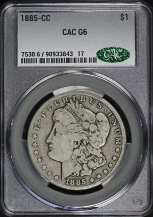 Obverse of this 1885-CC Morgan Dollar CACG G-6