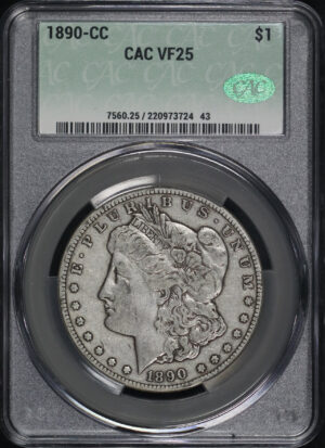 Obverse of this 1890-CC Morgan Dollar CACG VF-25