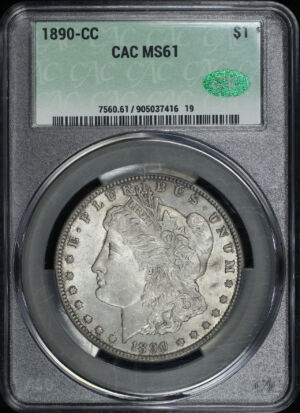 Obverse of this 1890-CC Morgan Dollar CACG MS-61