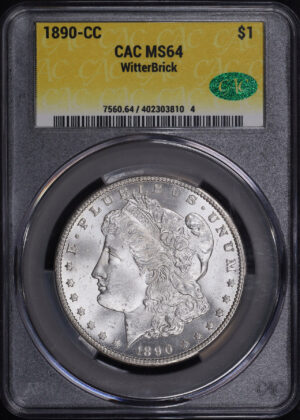 Obverse of this 1890-CC Morgan Dollar CACG MS-64 Witterbrick Seth Chandler Signature Label