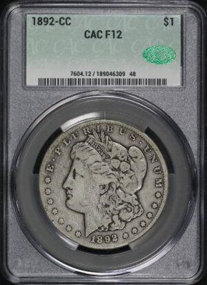 Obverse of this 1892-CC Morgan Dollar CACG F-12
