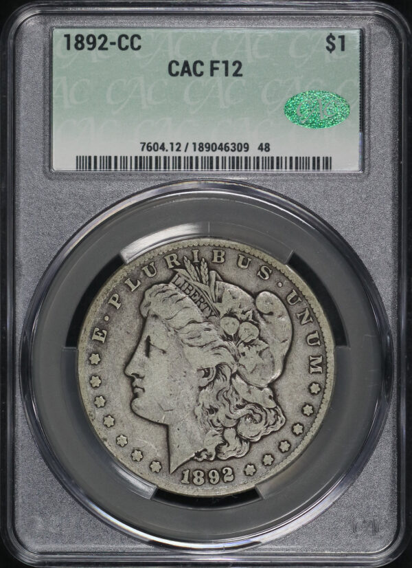 Obverse of this 1892-CC Morgan Dollar CACG F-12